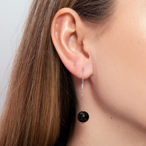 Agate ligne noire | Argent sterling .925 | Boucles d'oreilles à enfiler avec chaîne en pierres précieuses